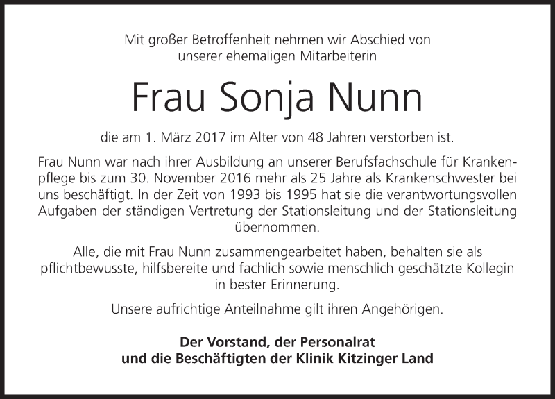 Traueranzeige für Sonja Nunn vom 09.03.2017 aus MGO