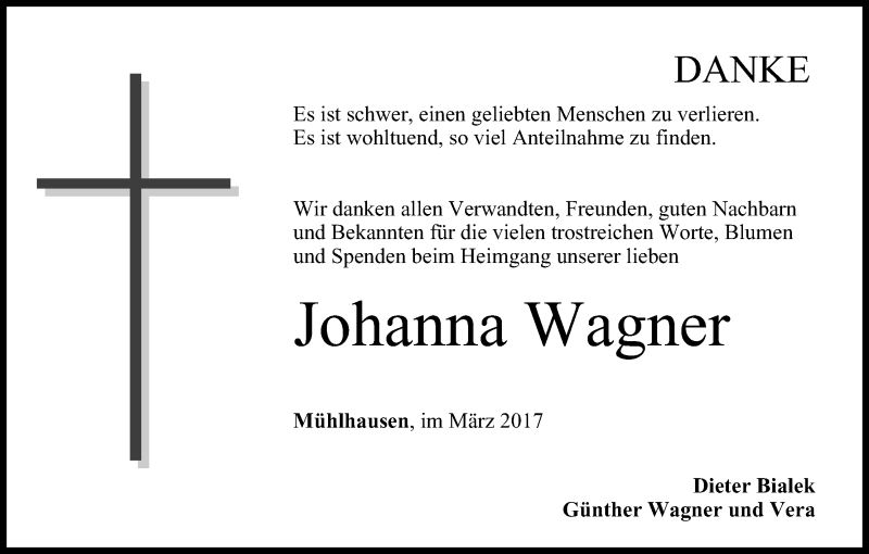  Traueranzeige für Johanna Wagner vom 01.04.2017 aus MGO