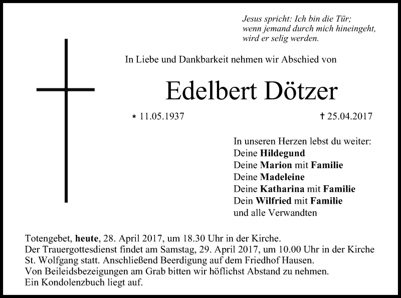  Traueranzeige für Edelbert Dötzer vom 28.04.2017 aus MGO