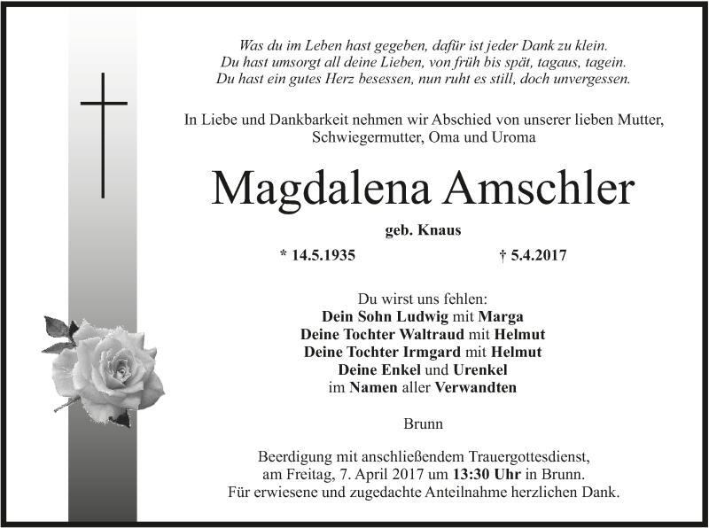  Traueranzeige für Magdalena Amschler vom 06.04.2017 aus MGO