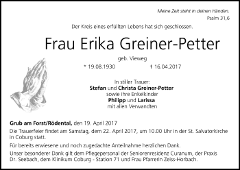 Anzeige von Erika Greiner-Petter von MGO
