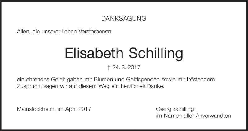  Traueranzeige für Elisabeth Schilling vom 15.04.2017 aus MGO