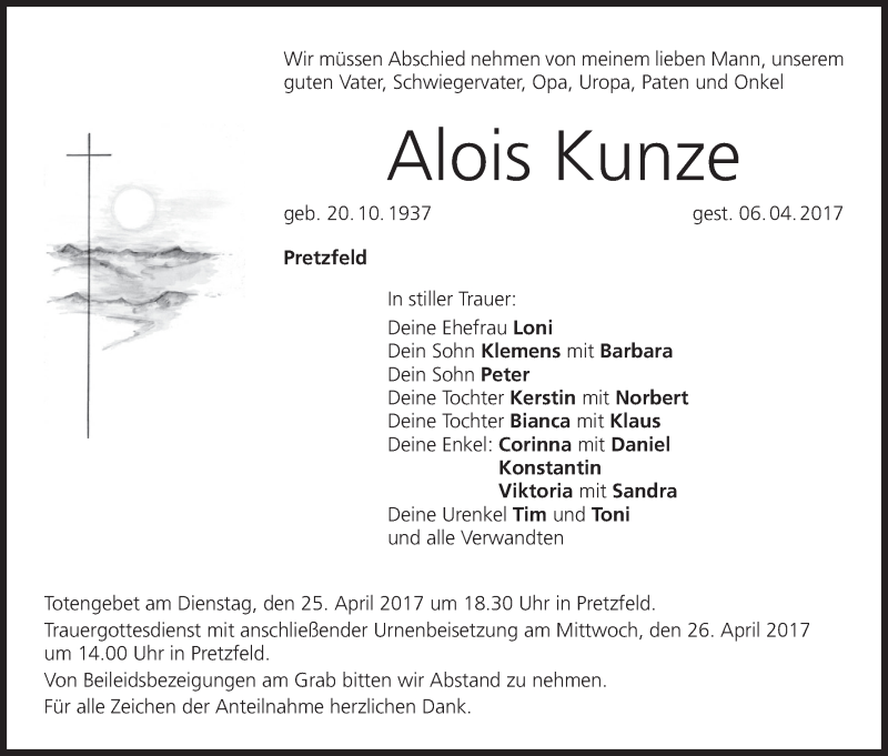  Traueranzeige für Alois Kunze vom 13.04.2017 aus MGO