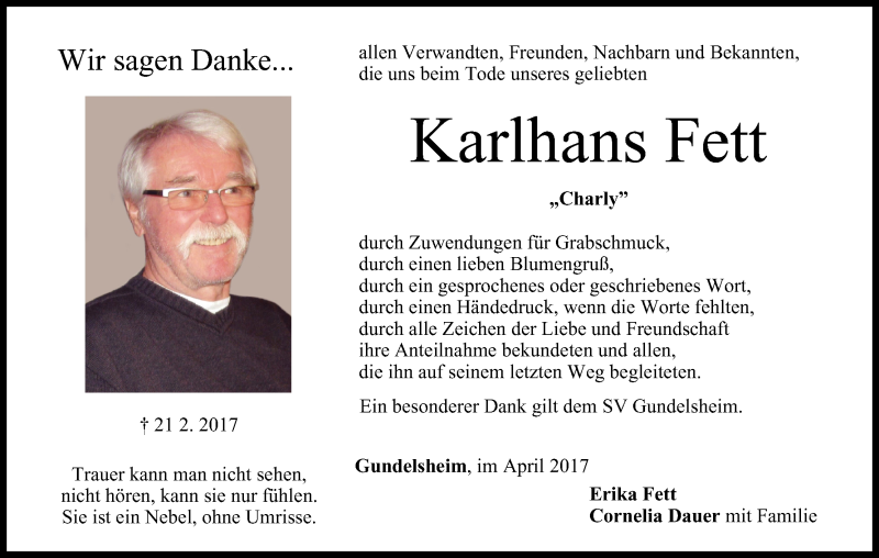  Traueranzeige für Karlhans Fett vom 01.04.2017 aus MGO
