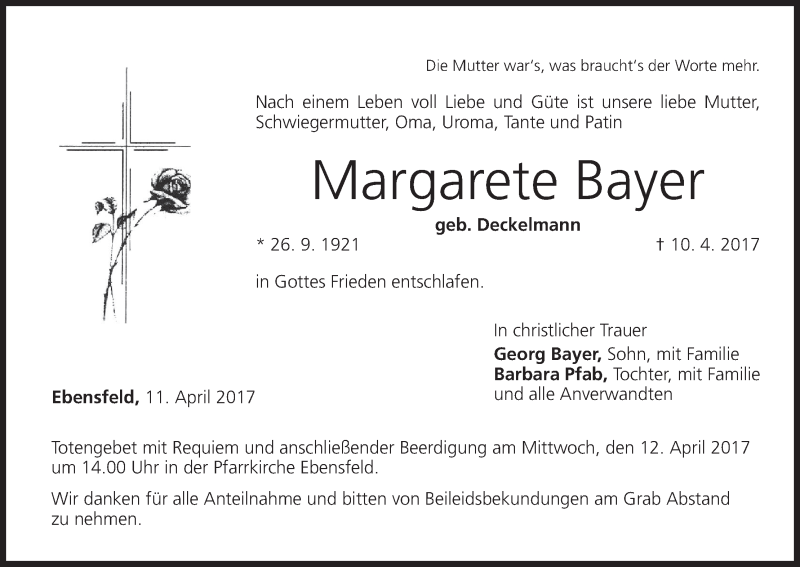  Traueranzeige für Margarete Bayer vom 11.04.2017 aus MGO