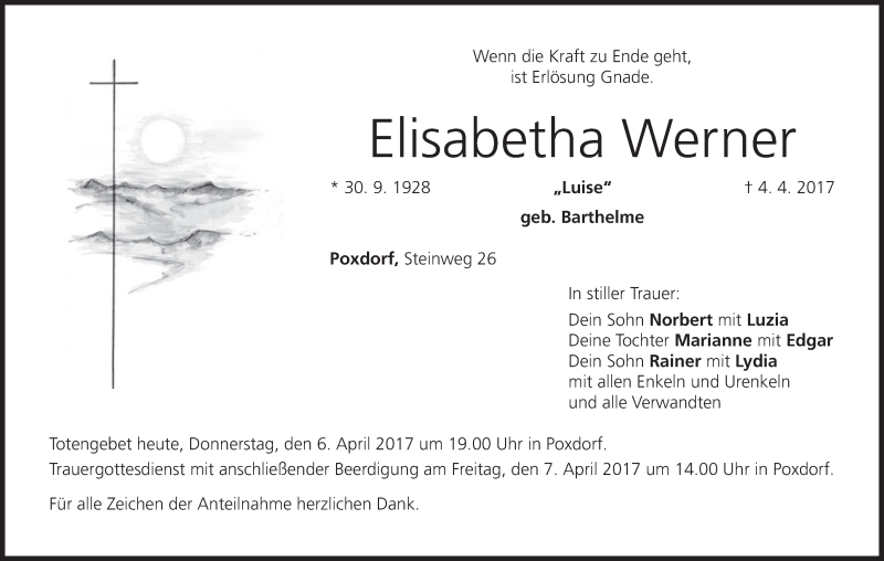  Traueranzeige für Elisabetha Werner vom 06.04.2017 aus MGO