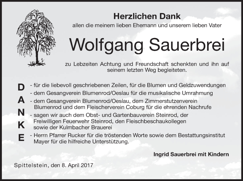  Traueranzeige für Wolfgang Sauerbrei vom 08.04.2017 aus MGO