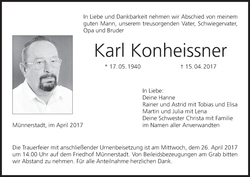  Traueranzeige für Karl Konheissner vom 24.04.2017 aus MGO