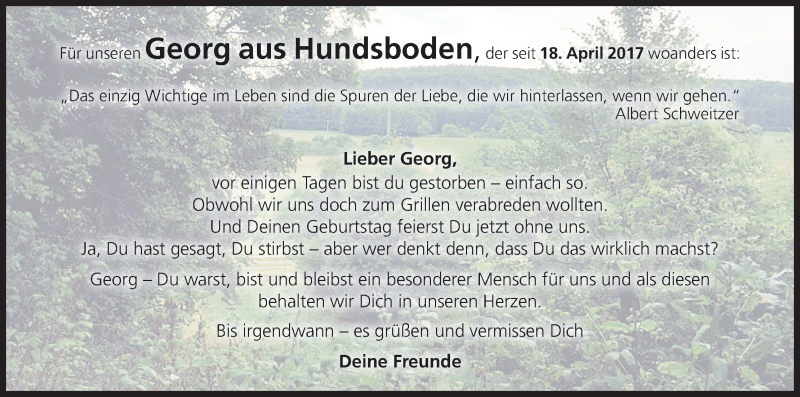  Traueranzeige für Georg  vom 22.04.2017 aus MGO