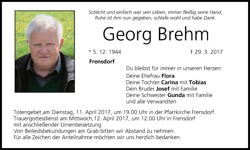  Traueranzeige für Georg Brehm vom 08.04.2017 aus MGO