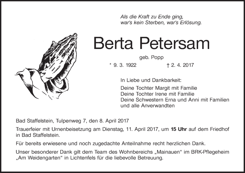  Traueranzeige für Berta Petersam vom 08.04.2017 aus MGO