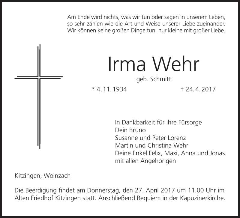  Traueranzeige für Irma Wehr vom 26.04.2017 aus MGO