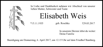 Traueranzeige von Elisabeth Weis