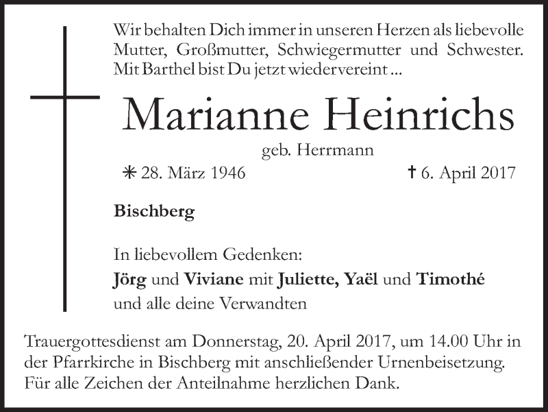  Traueranzeige für Marianne Heinrichs vom 15.04.2017 aus MGO