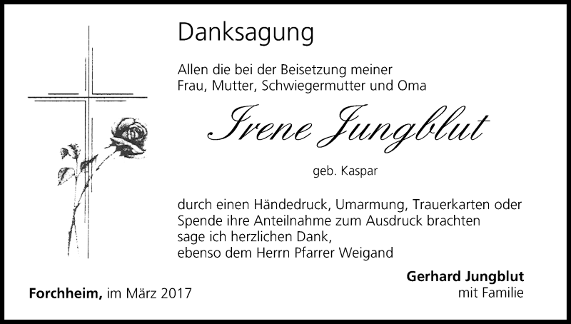  Traueranzeige für Irene Jungblut vom 01.04.2017 aus MGO