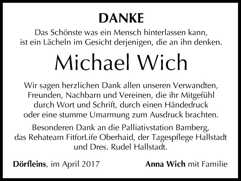  Traueranzeige für Michael Wich vom 22.04.2017 aus MGO