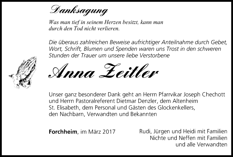  Traueranzeige für Anna Zeitler vom 01.04.2017 aus MGO