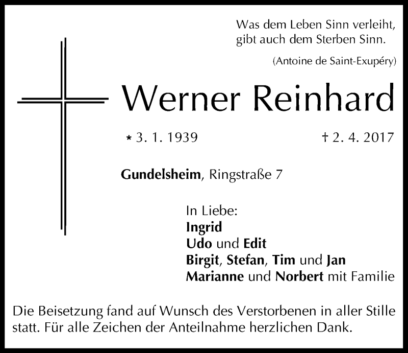  Traueranzeige für Werner Reinhard vom 08.04.2017 aus MGO