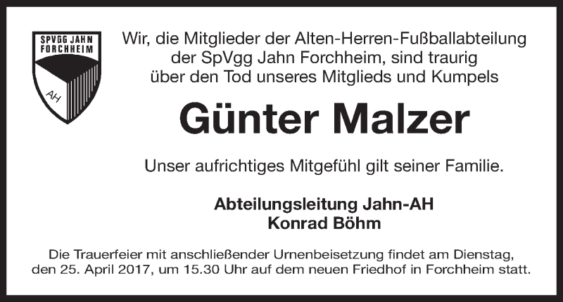  Traueranzeige für Günter Malzer vom 21.04.2017 aus MGO