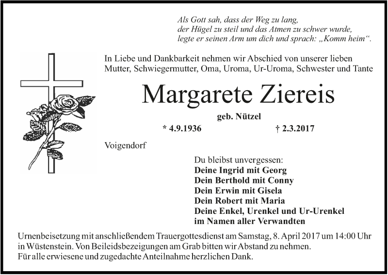  Traueranzeige für Margarete Ziereis vom 05.04.2017 aus MGO