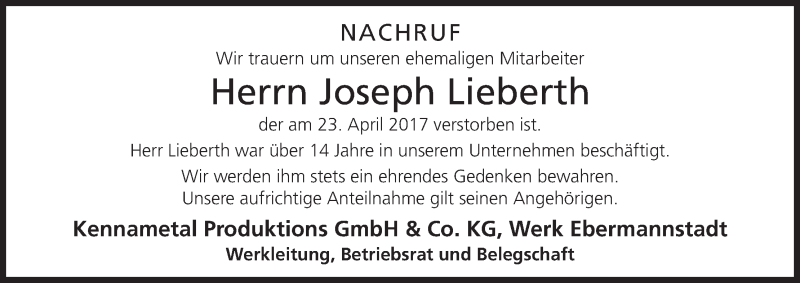  Traueranzeige für Joseph Lieberth vom 28.04.2017 aus MGO