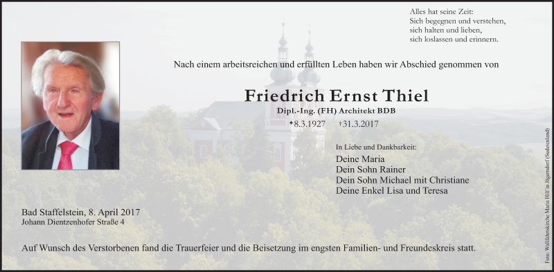  Traueranzeige für Friedrich Ernst Thiel vom 08.04.2017 aus MGO