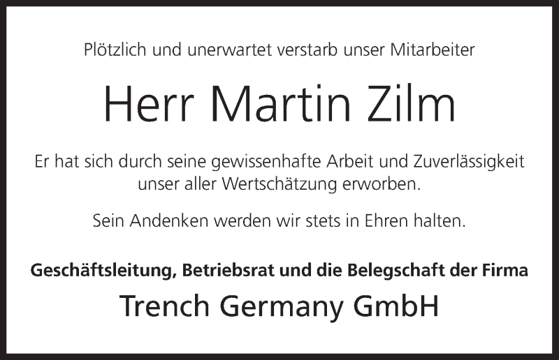  Traueranzeige für Martin Zilm vom 26.04.2017 aus MGO