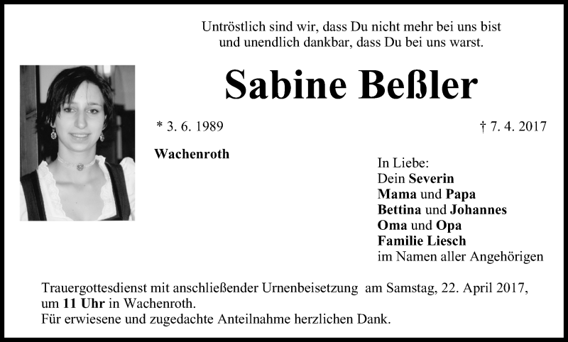  Traueranzeige für Sabine Beßler vom 19.04.2017 aus MGO