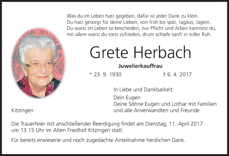  Traueranzeige für Grete Herbach vom 08.04.2017 aus MGO