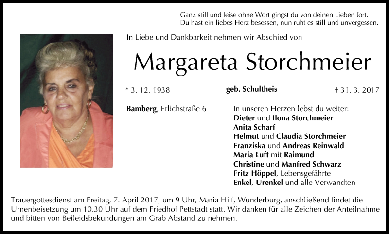  Traueranzeige für Margareta Storchmeier vom 04.04.2017 aus MGO