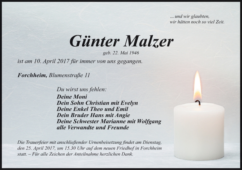  Traueranzeige für Günter Malzer vom 21.04.2017 aus MGO