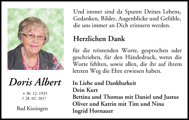  Traueranzeige für Doris Albert vom 01.04.2017 aus MGO