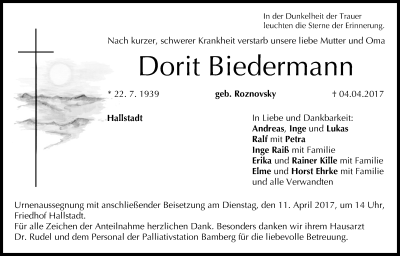  Traueranzeige für Dorit Biedermann vom 08.04.2017 aus MGO