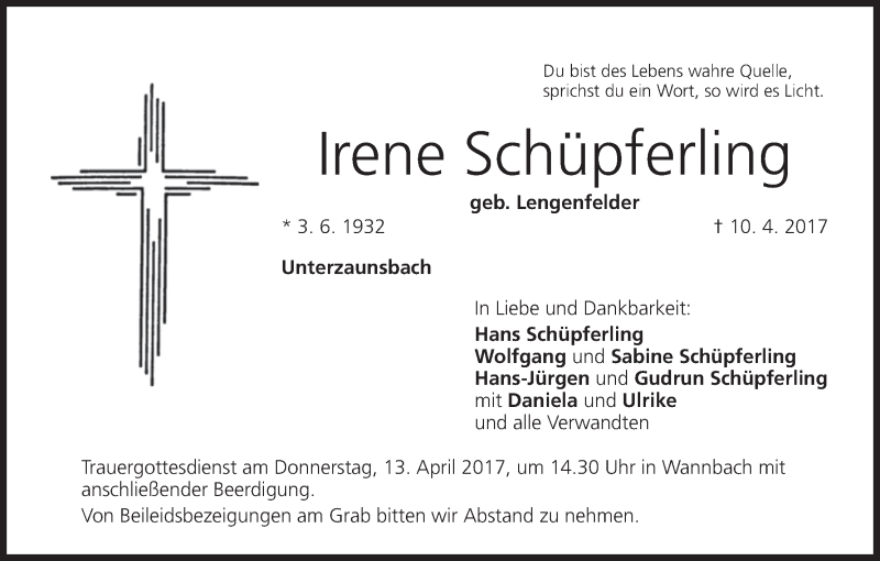  Traueranzeige für Irene Schüpferling vom 11.04.2017 aus MGO