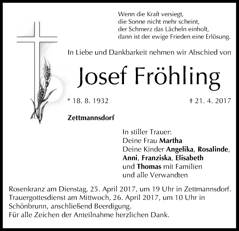  Traueranzeige für Josef Fröhling vom 24.04.2017 aus MGO