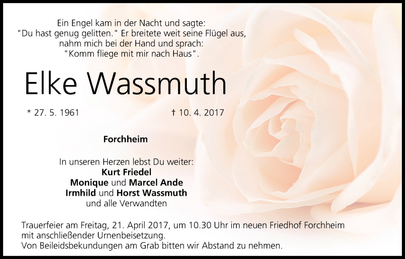 Traueranzeige für Elke Wassmuth vom 15.04.2017 aus MGO