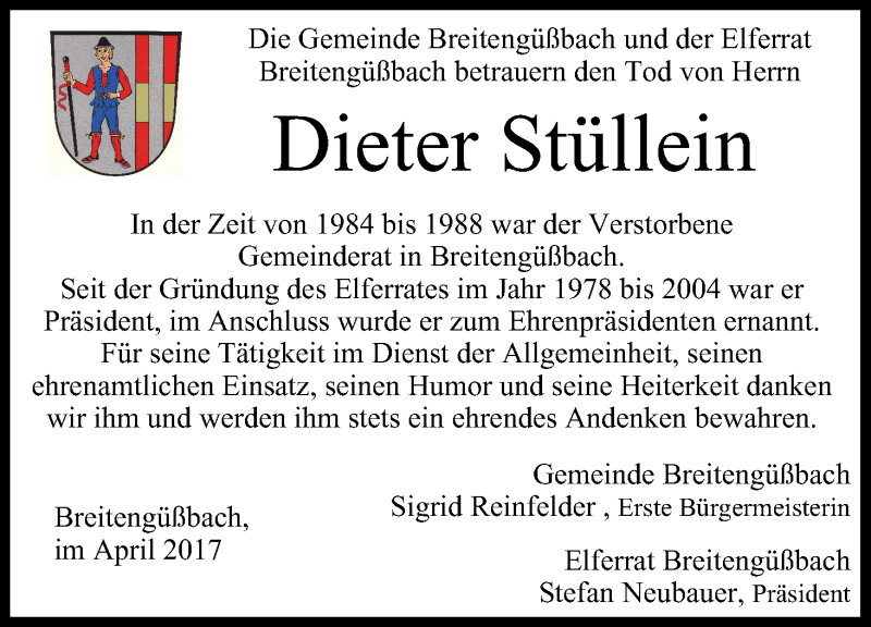  Traueranzeige für Dieter Stüllein vom 15.04.2017 aus MGO