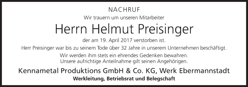  Traueranzeige für helmut Preisinger vom 27.04.2017 aus MGO