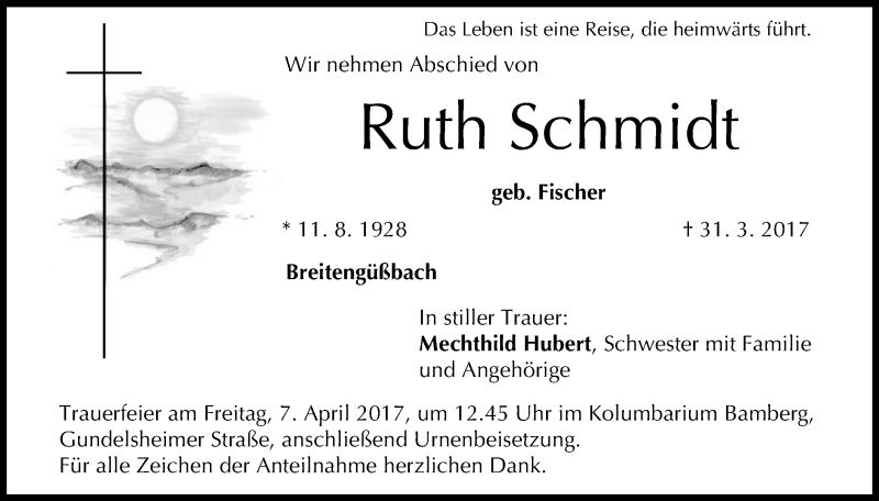  Traueranzeige für Ruth Schmidt vom 01.04.2017 aus MGO