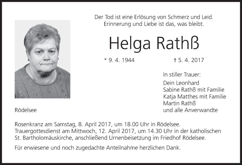 Traueranzeige für Helga Rathß vom 08.04.2017 aus MGO