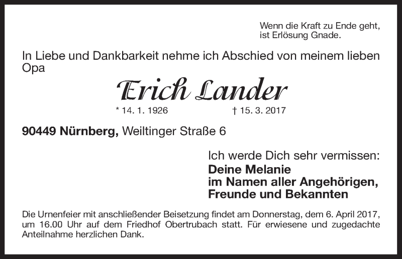  Traueranzeige für Erich Lander vom 01.04.2017 aus MGO