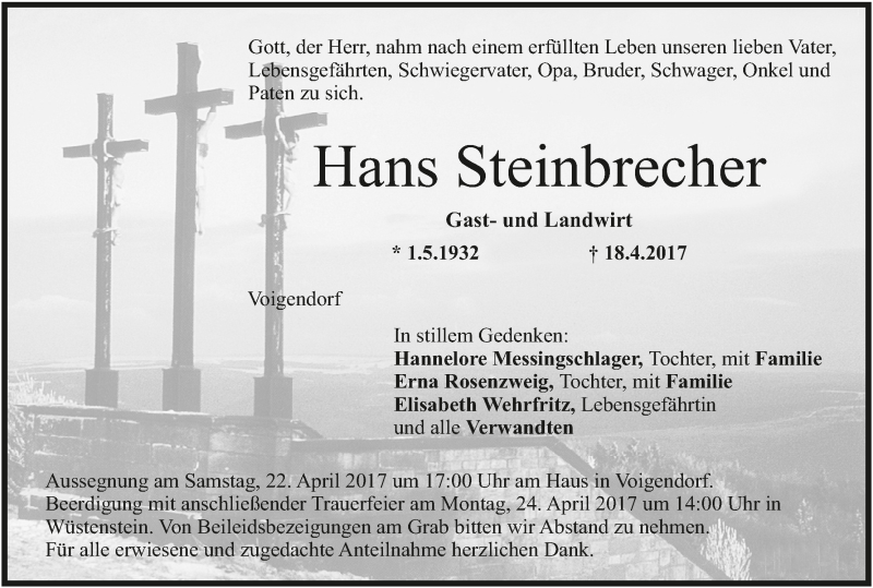  Traueranzeige für Hans Steinbrecher vom 21.04.2017 aus MGO