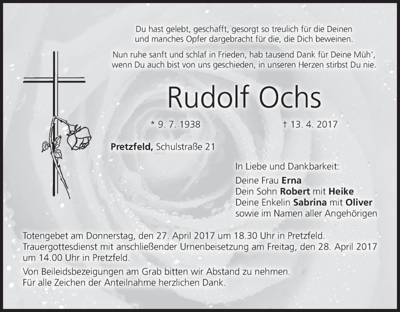  Traueranzeige für Rudolf Ochs vom 22.04.2017 aus MGO