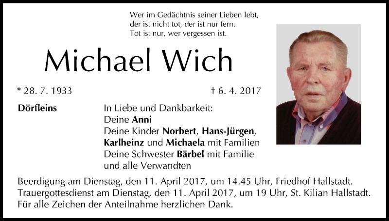  Traueranzeige für Michael Wich vom 08.04.2017 aus MGO