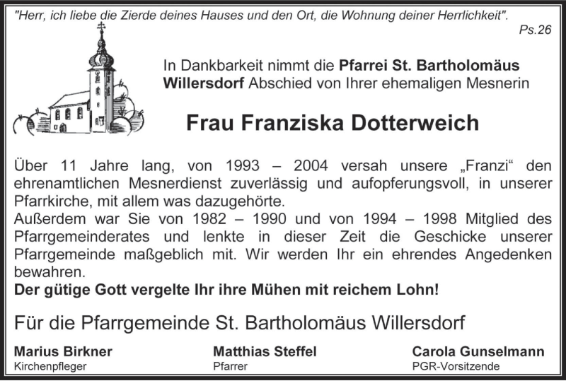  Traueranzeige für Franziska Dotterweich vom 22.04.2017 aus MGO