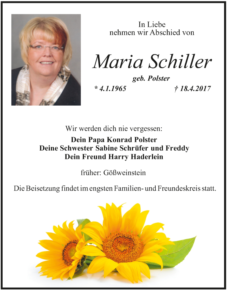  Traueranzeige für Maria Schiller vom 20.04.2017 aus MGO