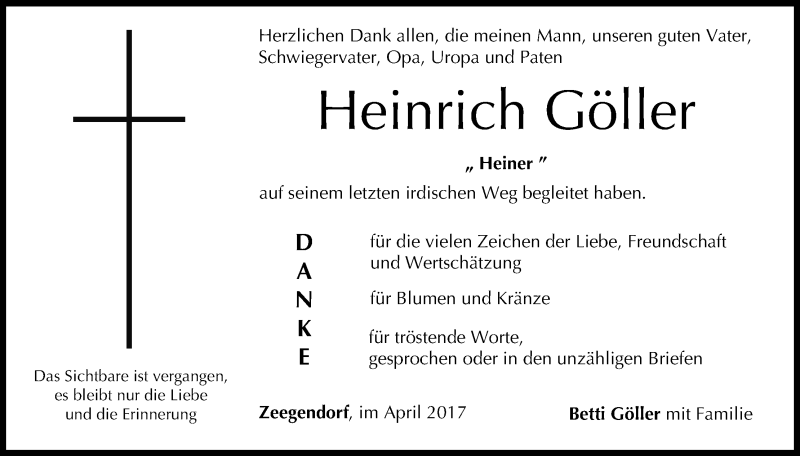  Traueranzeige für Heinrich Göller vom 29.04.2017 aus MGO