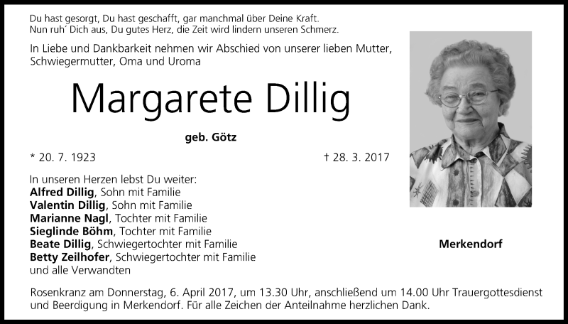  Traueranzeige für Margarete Dillig vom 01.04.2017 aus MGO