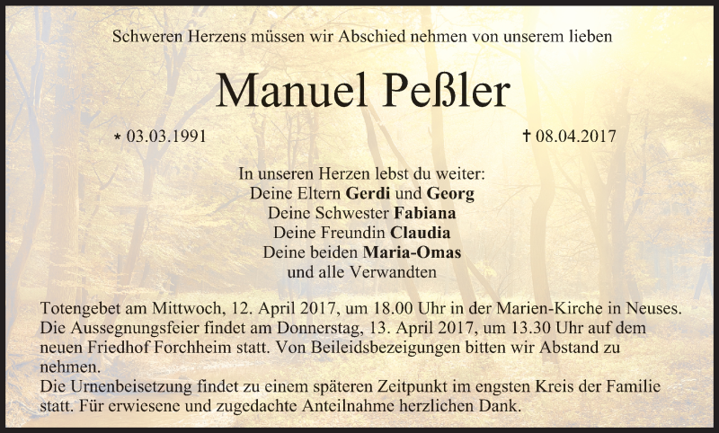  Traueranzeige für Manuel Peßler vom 11.04.2017 aus MGO