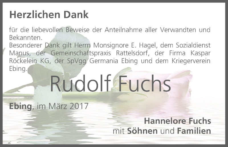  Traueranzeige für Rudolf Fuchs vom 01.04.2017 aus MGO